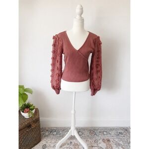 Boho Cottagecore Y2K Mauve Rose Knit Top Almost Famous Sheer Sleeve Wrap Front L